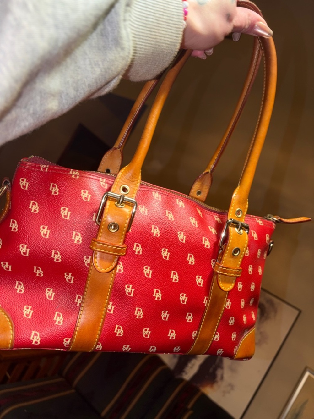 Dooney & Bourke Red Logo Tote with Tan Leather Trim